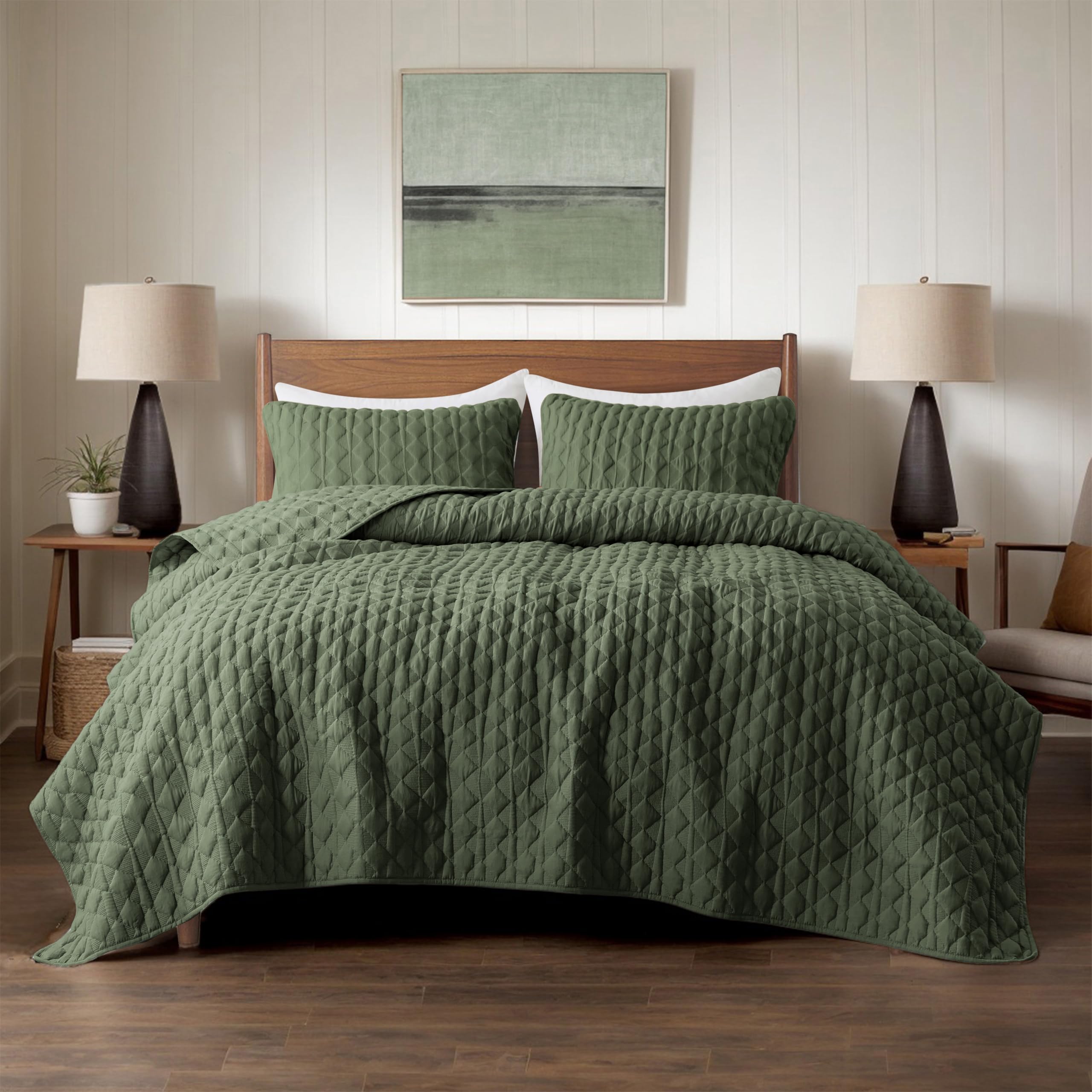 WDCOZY olive green quilt with pillow shams enhances king size bed style