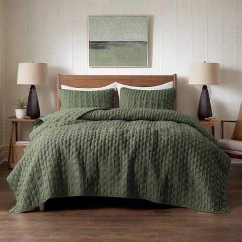 WDCOZY olive green quilt with pillow shams enhances king size bed style
