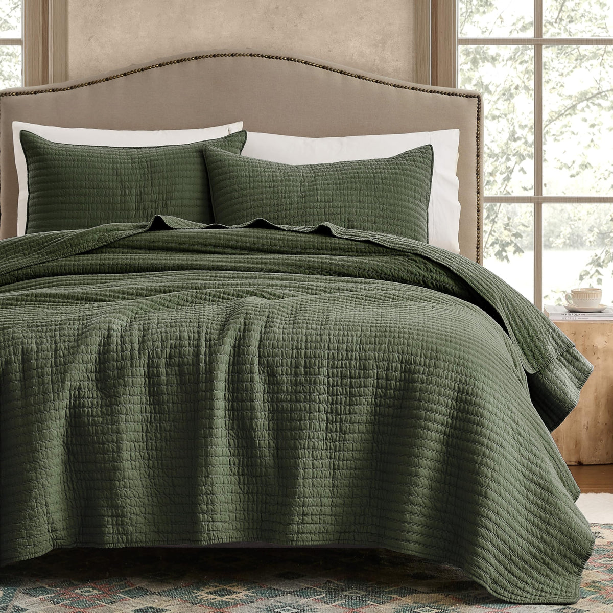 WDCOZY olive green striped pick stitch bedspread for rustic charm.