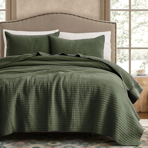 WDCOZY olive green striped pick stitch bedspread for rustic charm.