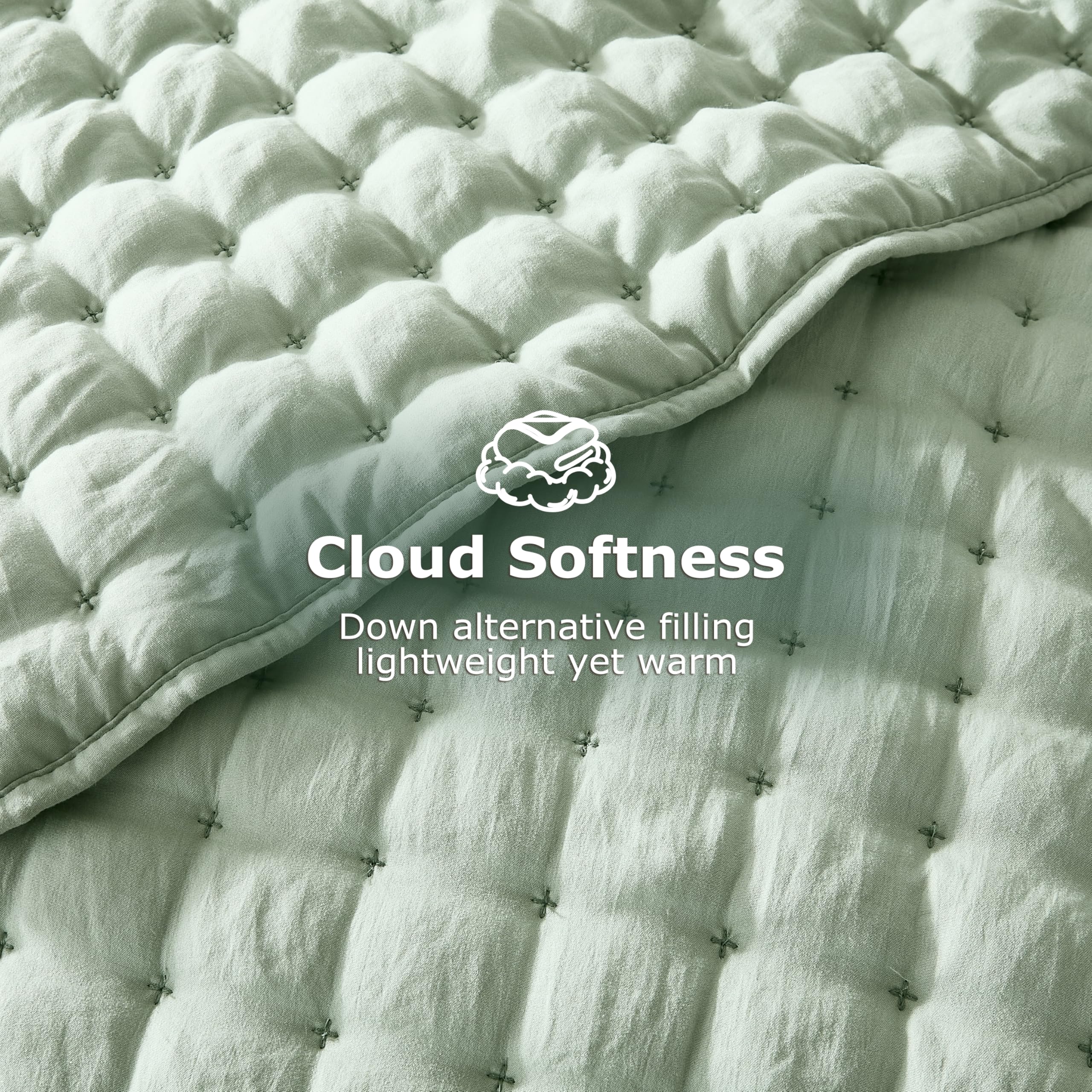 WDCOZY sage green quilt close-up shows soft brushed fabric.