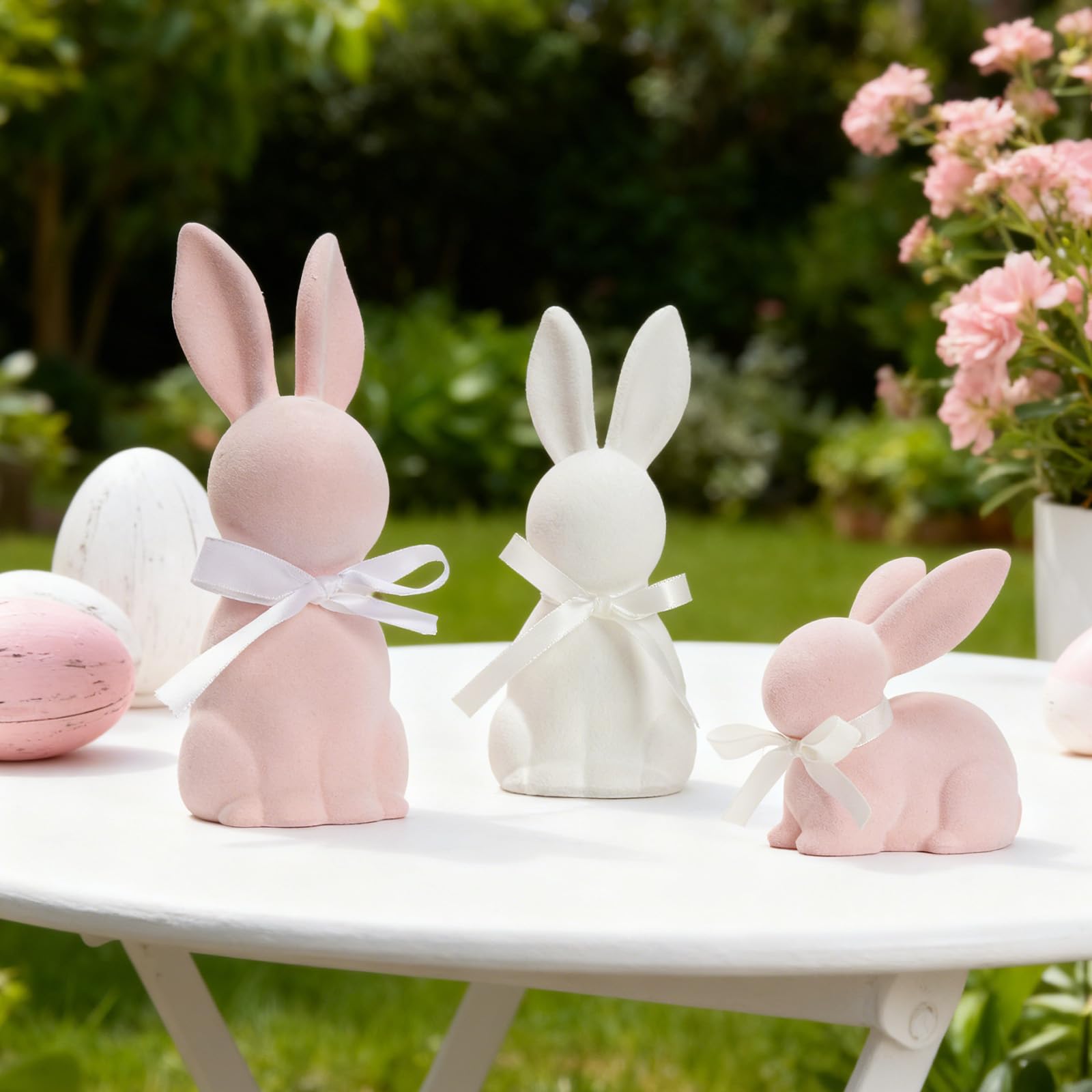 WDS WONDROUS bow-detail bunny statue 8.2 inches for mantel display.