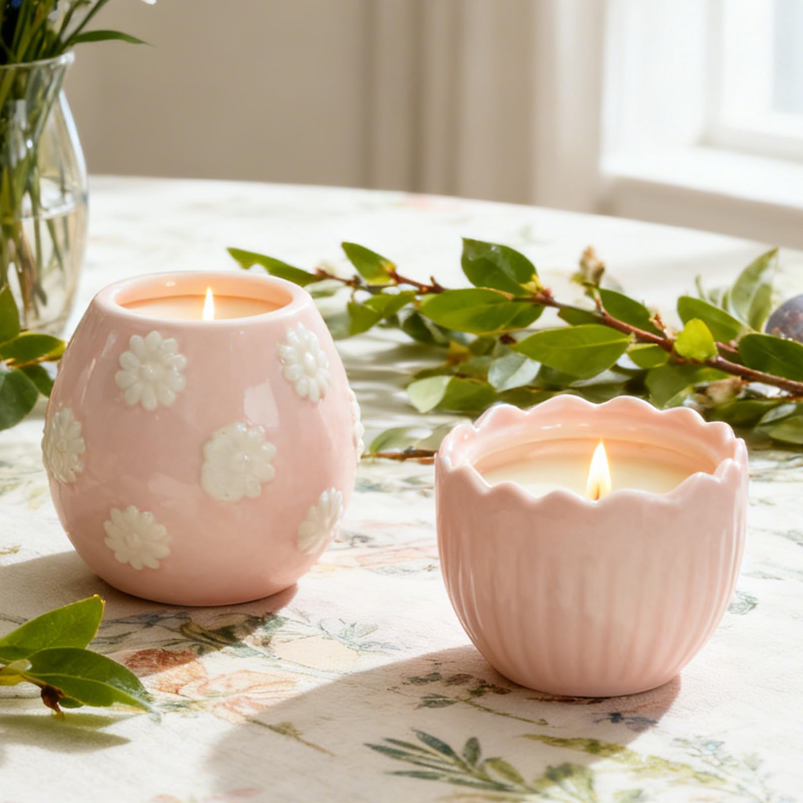 WDS WONDROUS striped-bow lid candle enhances table centerpiece.