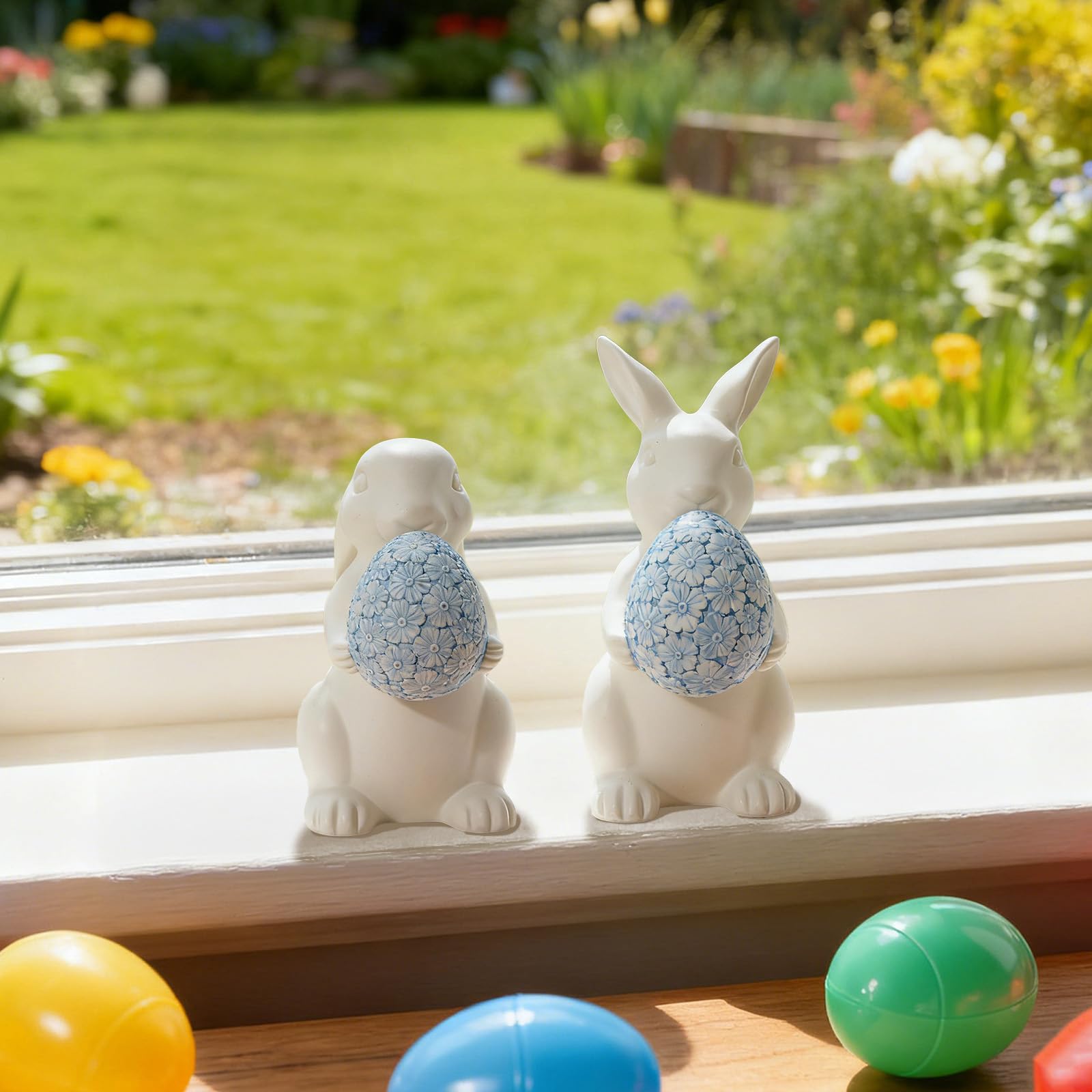WDS WONDROUS blue floral embossed egg close-up on resin bunny