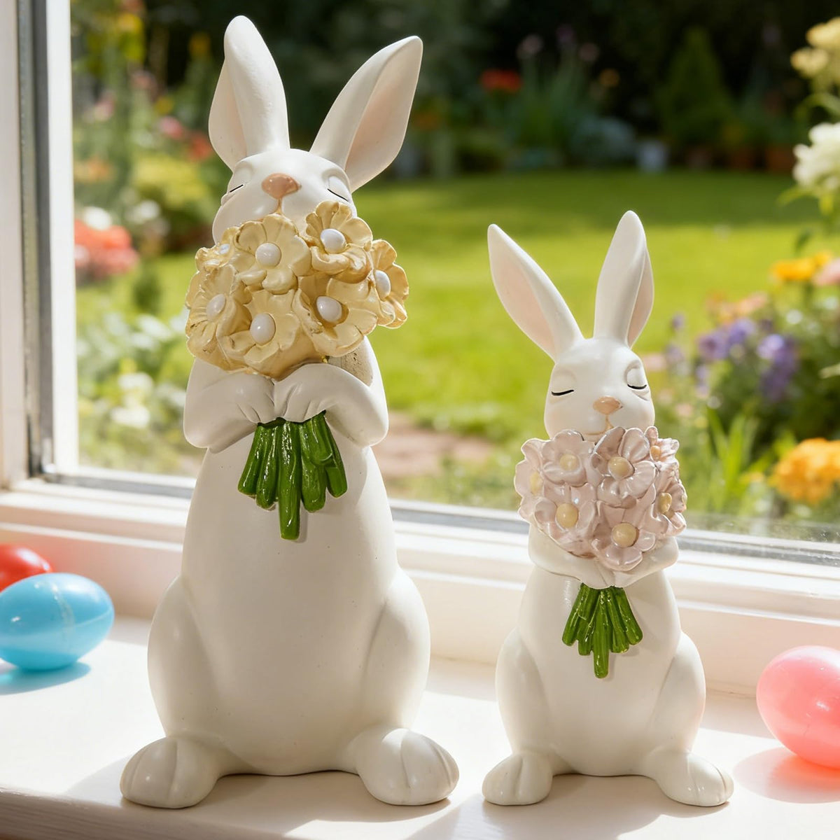 WDS WONDROUS cream-white bunny duo with pastel bouquets for spring decor