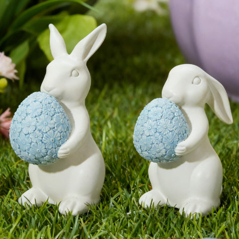 WDS WONDROUS cream-white bunny duo with blue embossed egg, minimalist centerpiece idea