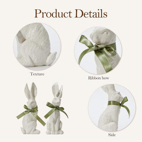 Two-piece bunny set ideal as Easter centerpiece or gentle shelf accents.