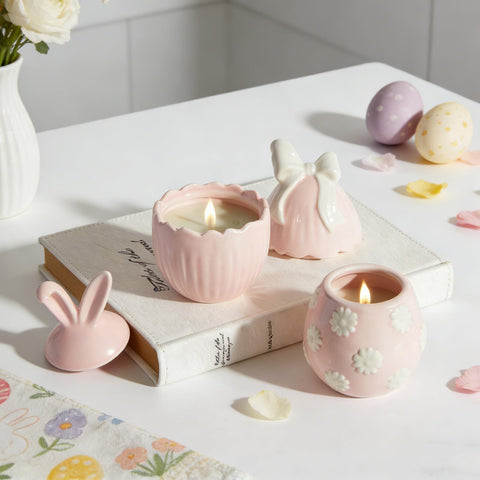 WDS WONDROUS pastel-pink egg-shaped candle emits clean soy fragrance.