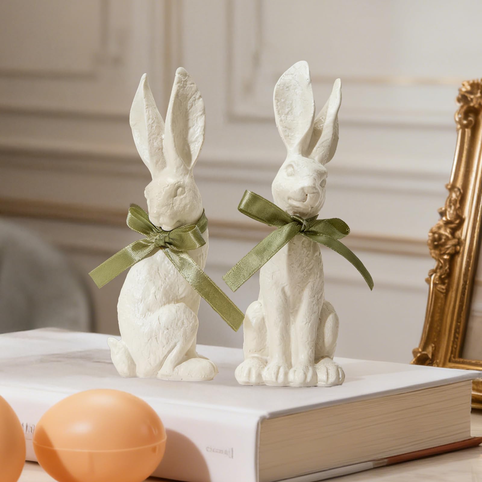 Nordic spring table decor featuring textured bunny figure for mantel or shelf styling.