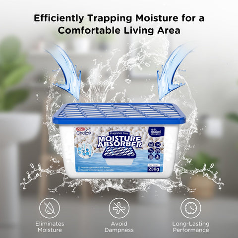 We Choice moisture absorber packaging highlights a leakproof, dual-layer system for mess-free use.