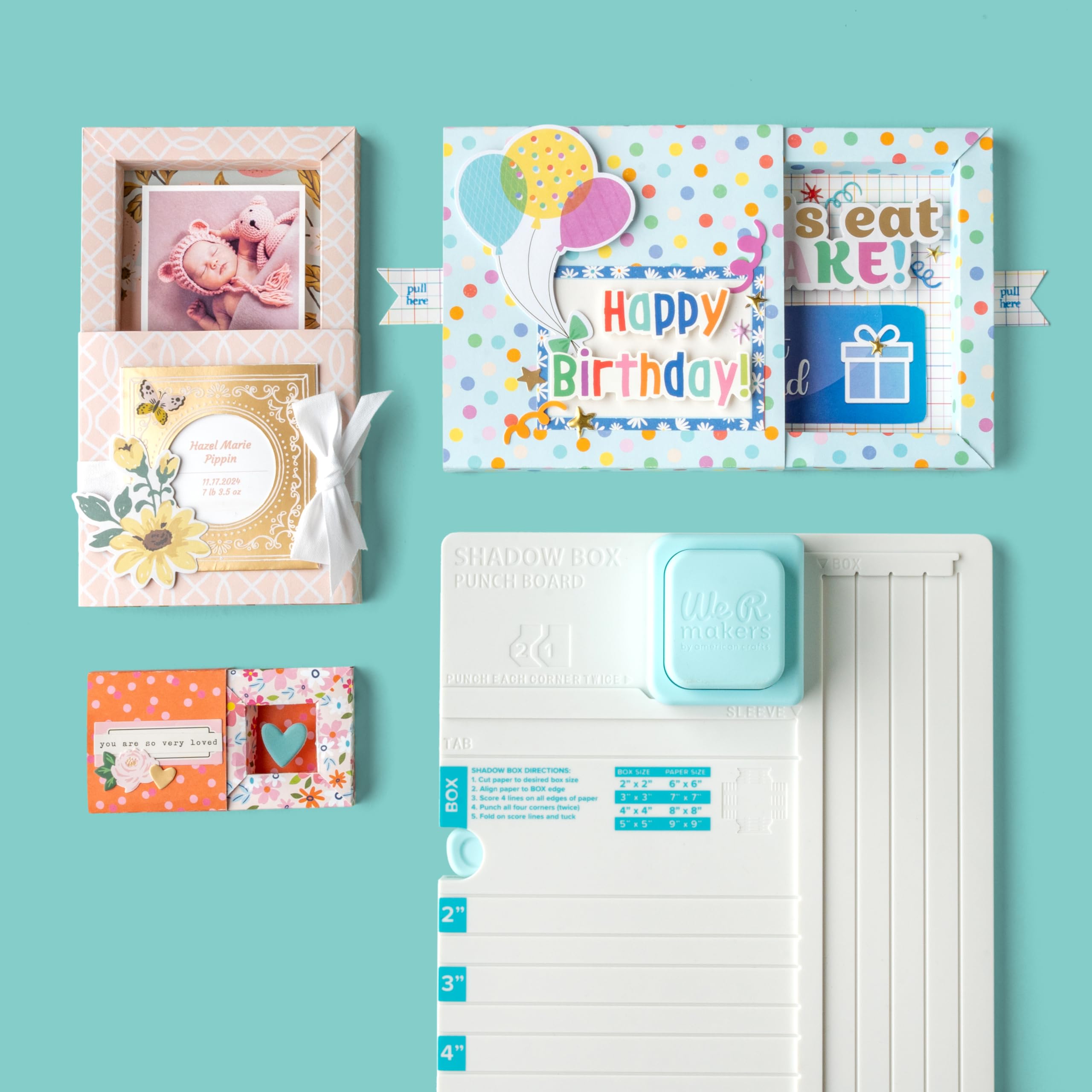 We R Makers Shadow Box Punch Board guides 3-inch shadow box assembly for quick projects.