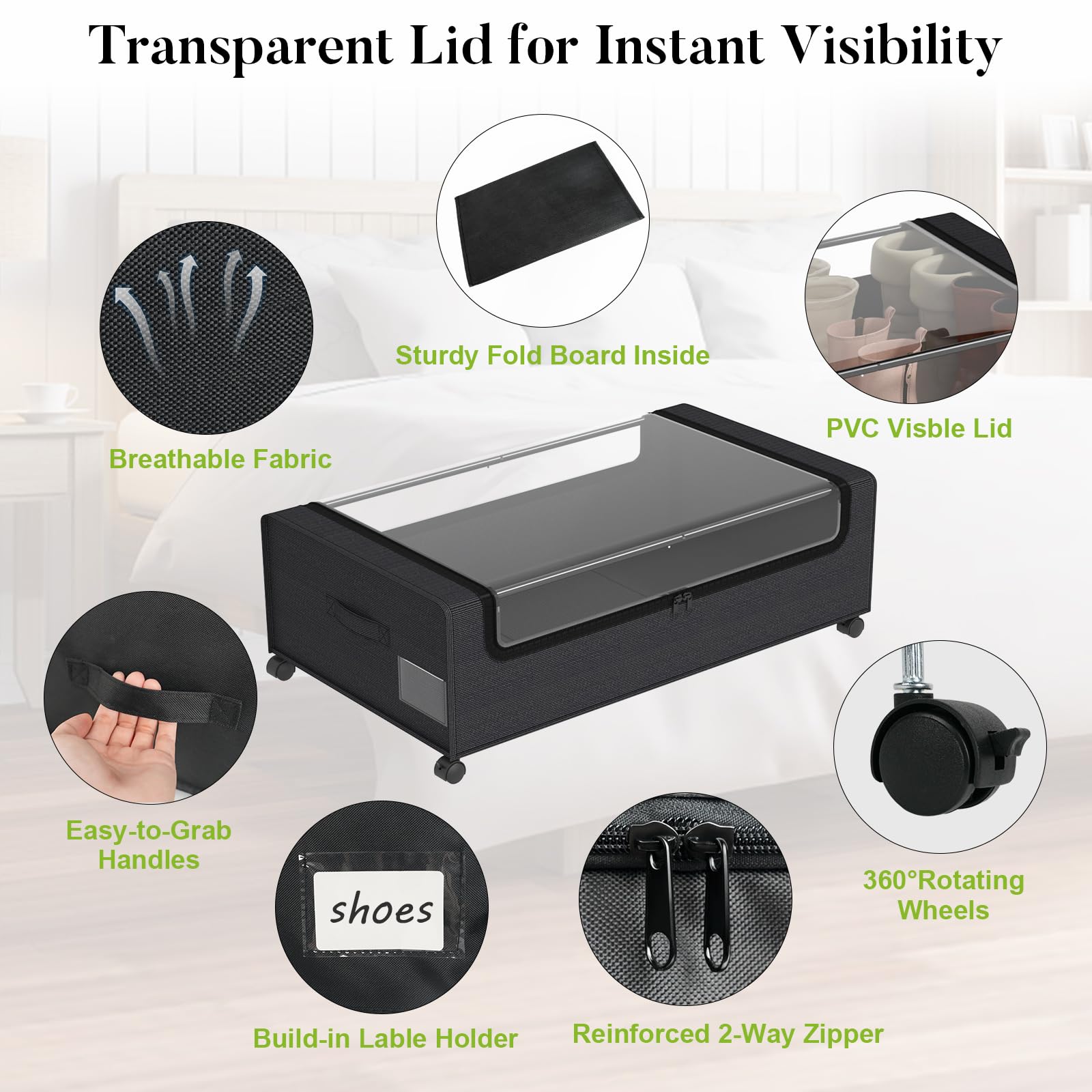 Webetop 30.71x17.32x9.45 inch under-bed bin fits beneath most beds.