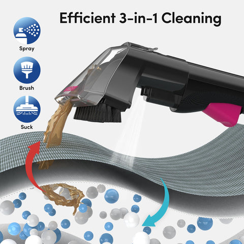 WECLEAN portable carpet cleaner brush nozzle targets carpets and upholstery.