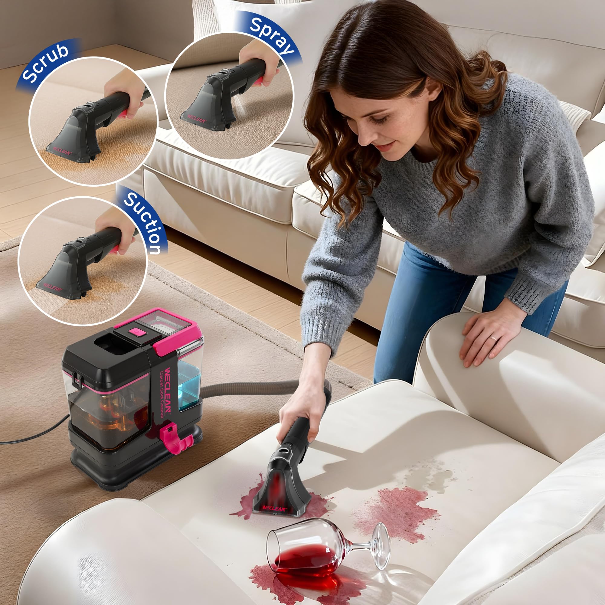 WECLEAN portable carpet cleaner dual tanks on display for easy filling and emptying.