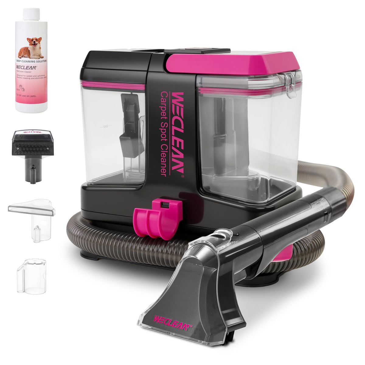 WECLEAN portable carpet cleaner front motor view demonstrates strong cleaning power.