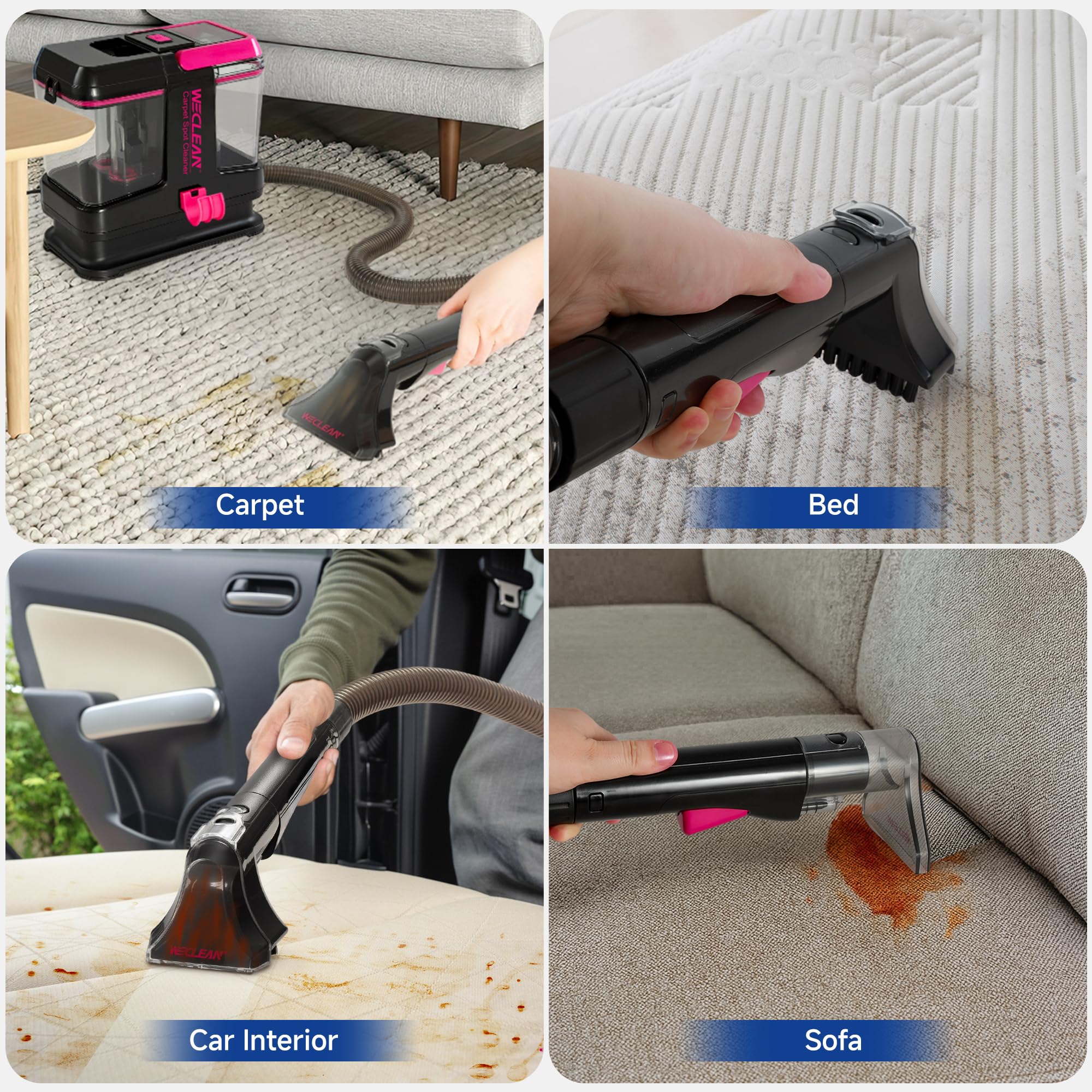 WECLEAN portable carpet cleaner right-angle nozzle reaches tight spaces.