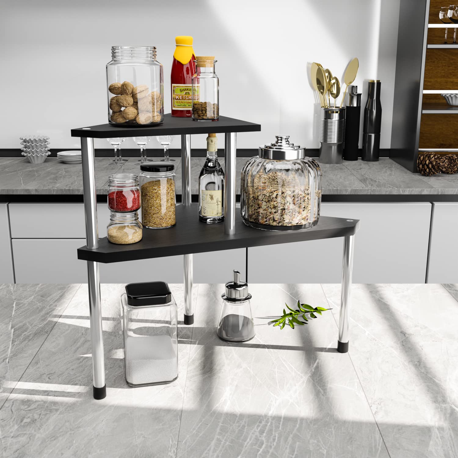 Weenson kitchen counter organizer with spice jars within reach.