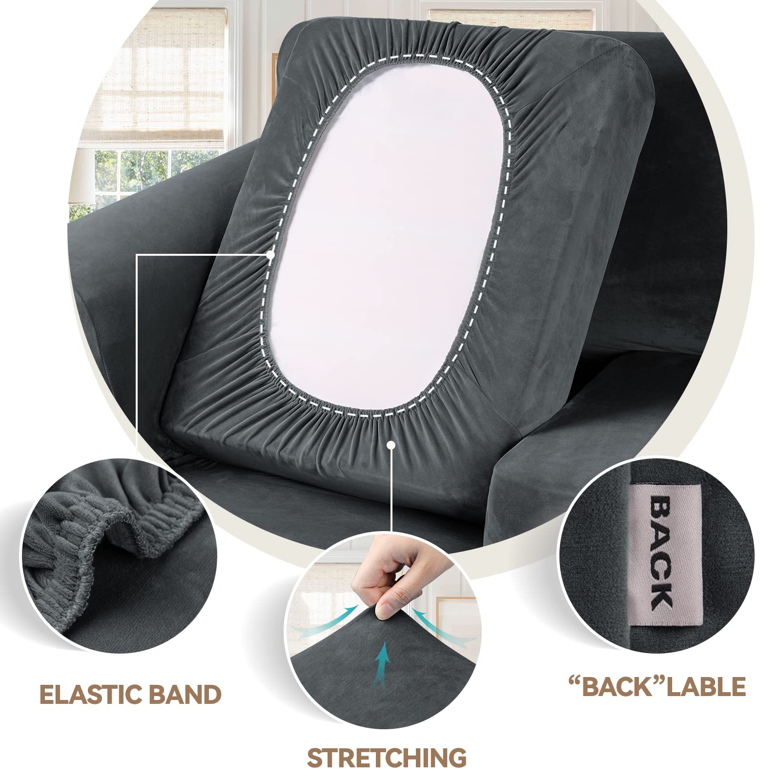 Dark grey velvet fabric adds premium touch to living room decor