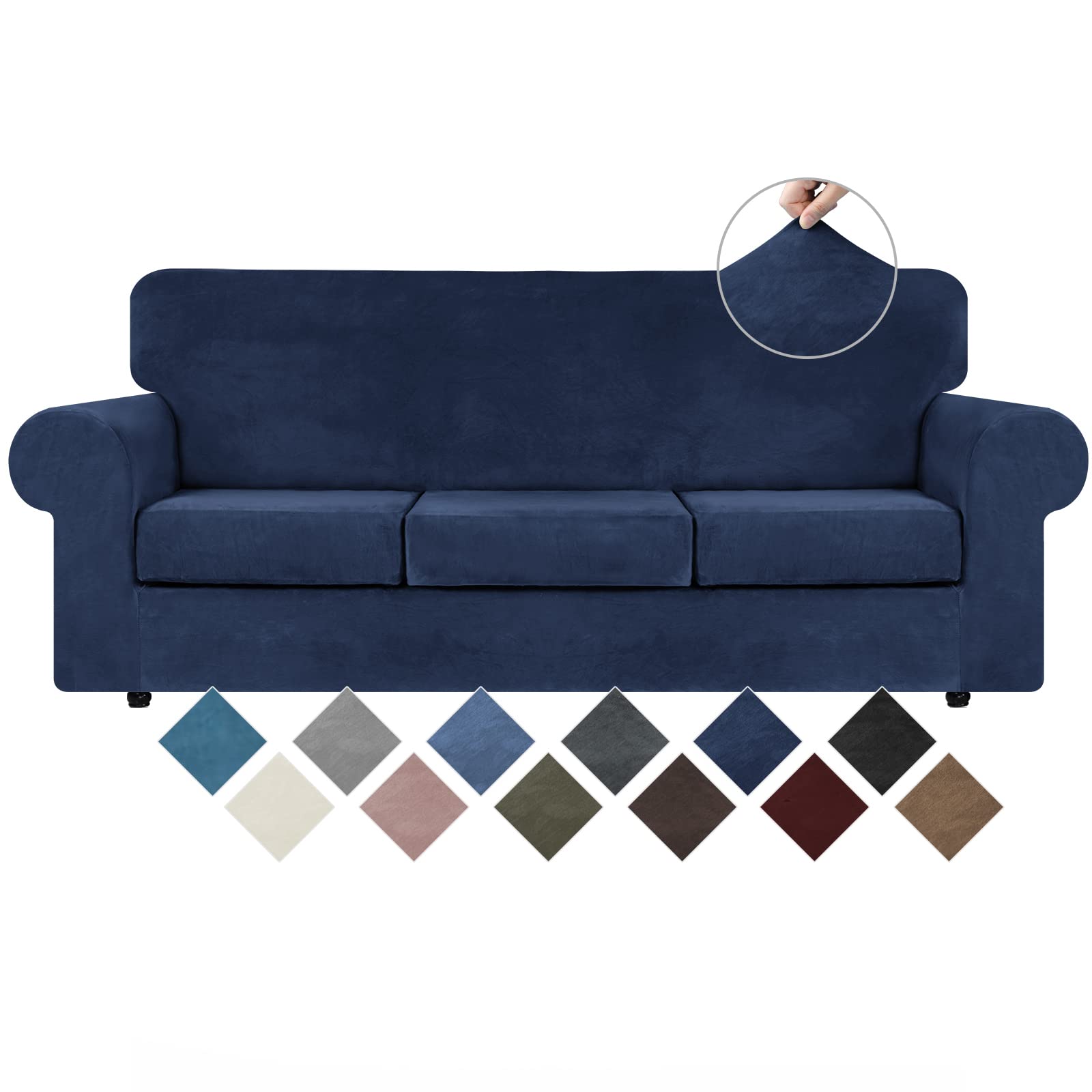 WEERRW velvet couch cover on navy sofa shows plush fabric and full coverage