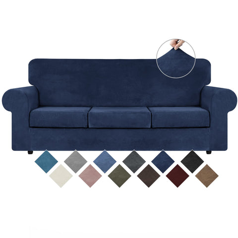 WEERRW velvet couch cover on navy sofa shows plush fabric and full coverage