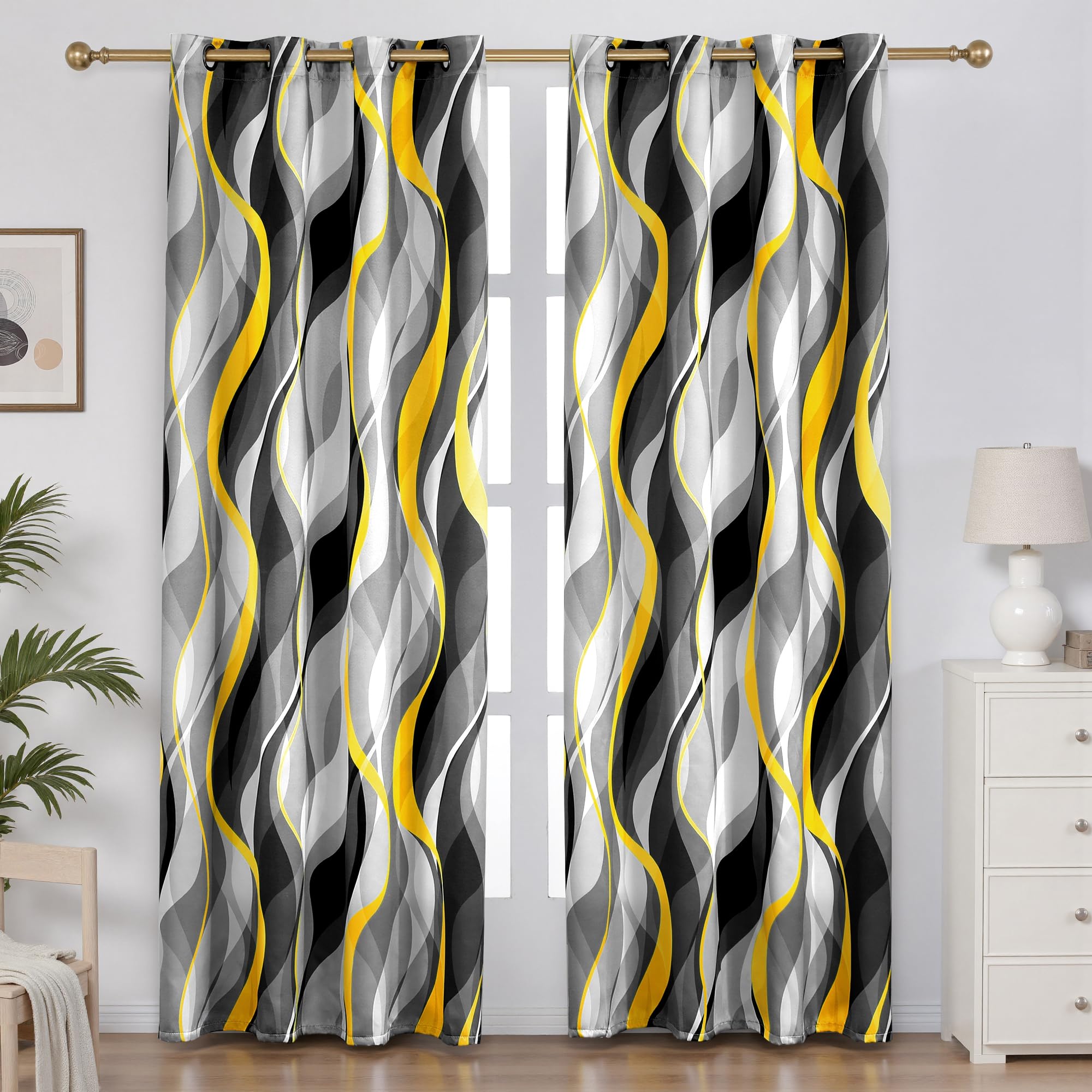 Weesire yellow gray striped curtains brighten the living room and provide partial light blocking