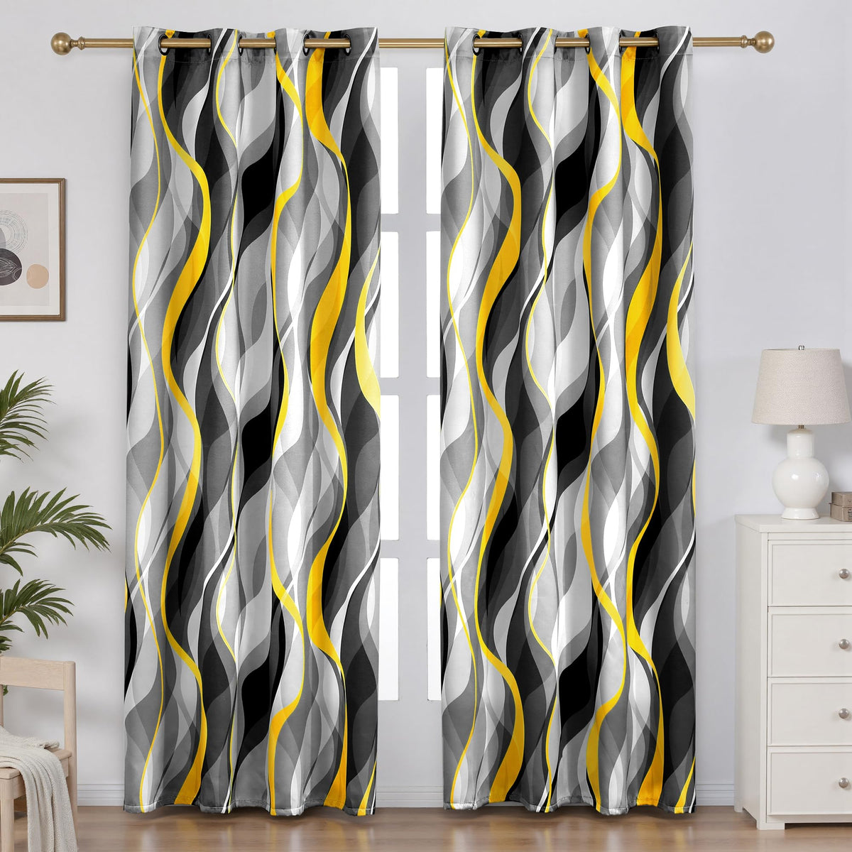 Weesire yellow gray striped curtains brighten the living room and provide partial light blocking