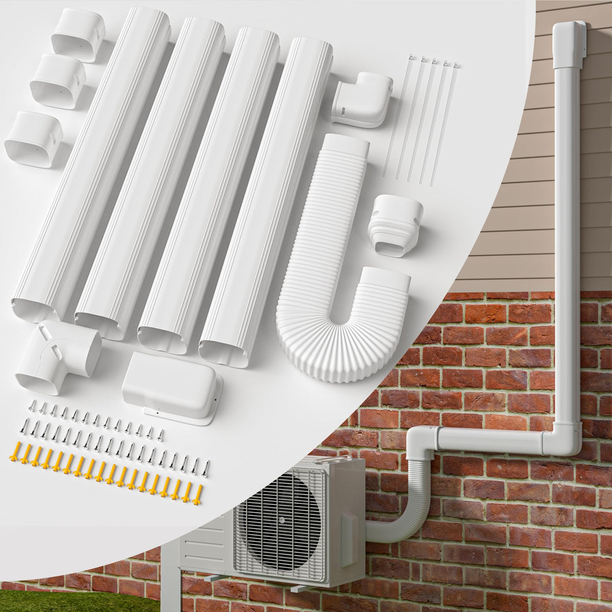WEETALL line-set cover kit unboxed, showing a complete 16 ft kit for quick DIY setup.