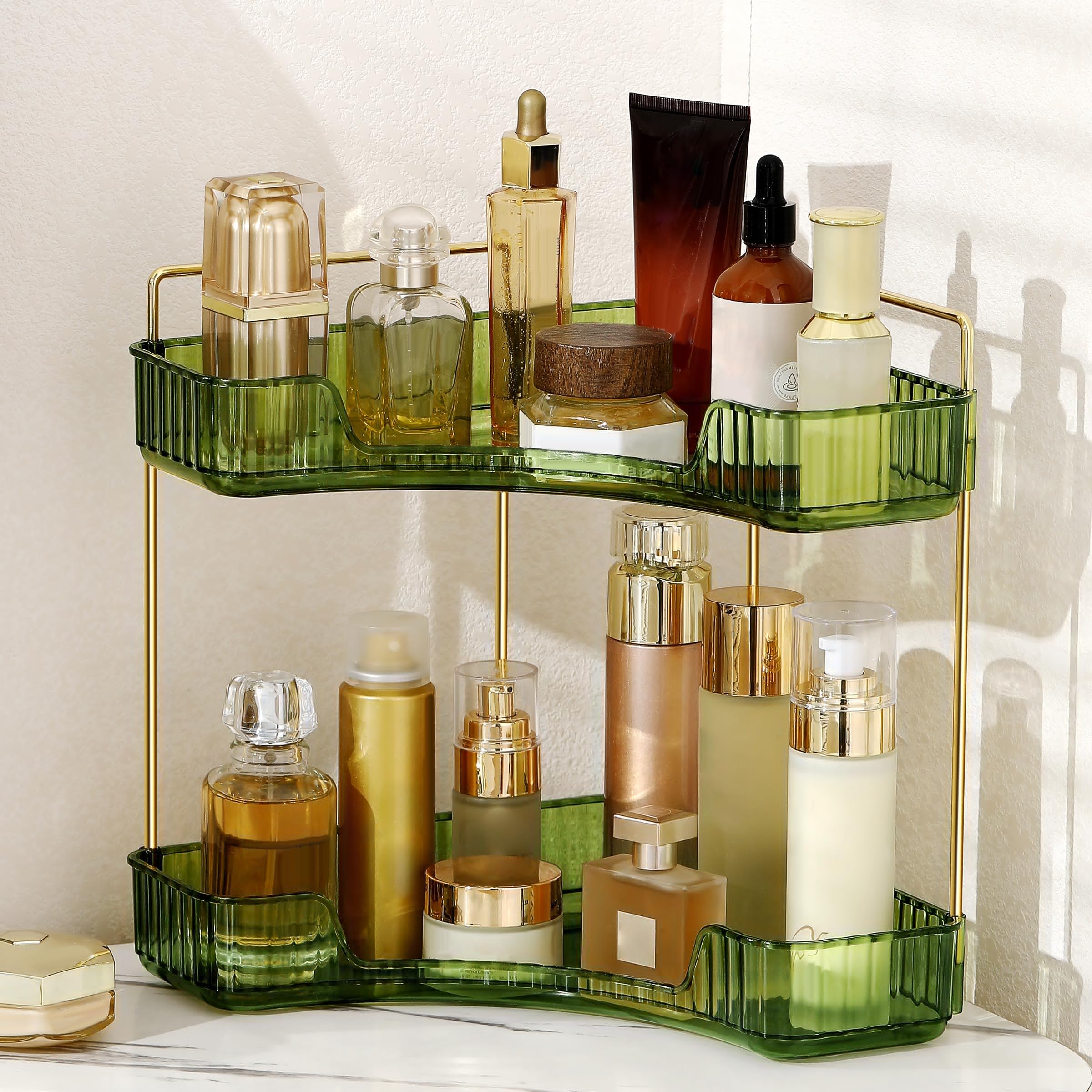Weidace corner bathroom organizer 2-tier green, front view showing compact storage.