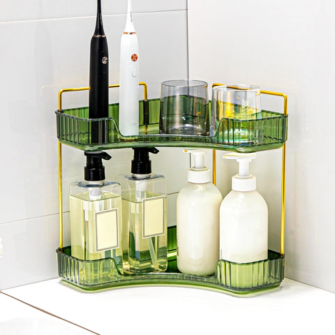 Weidace corner bathroom organizer 2-tier green, with perfume bottles showing accessible display.