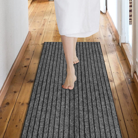 Weidear custom-size non-slip runner gray stripe top view shows durable high-traffic performance.