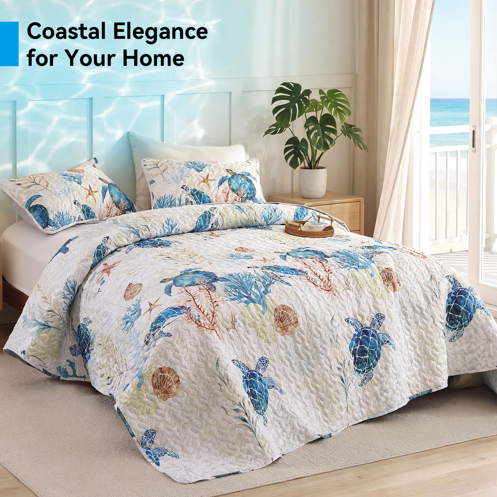 Weigelia coastal quilt set adds seaside ambiance to bedroom decor.