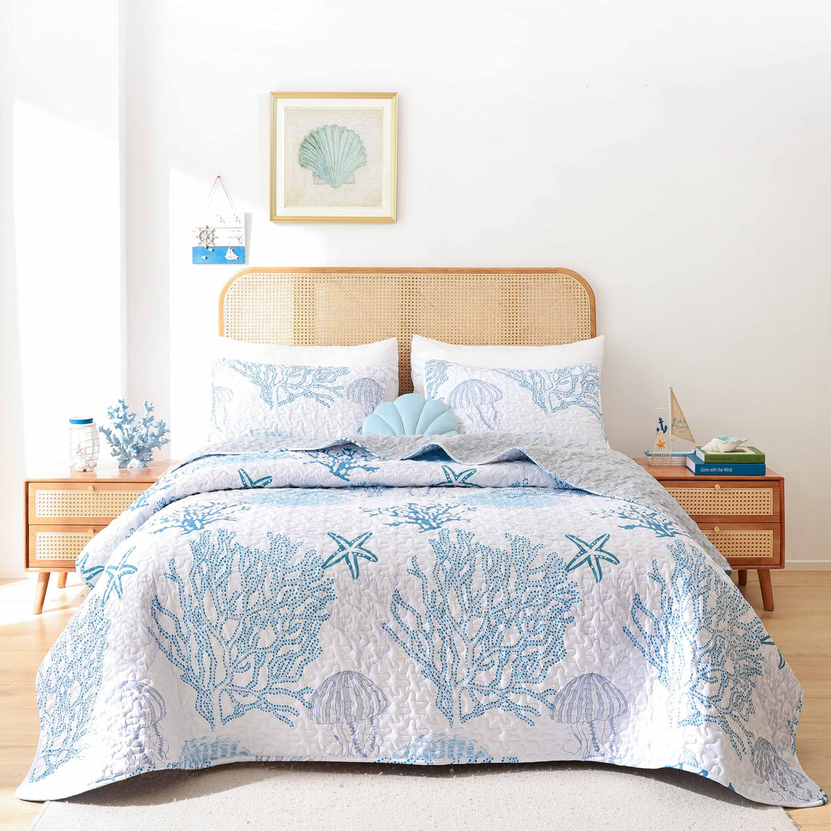 Weigelia Coastal Quilts Queen blue quilt flatlay shows breezy seaside style.