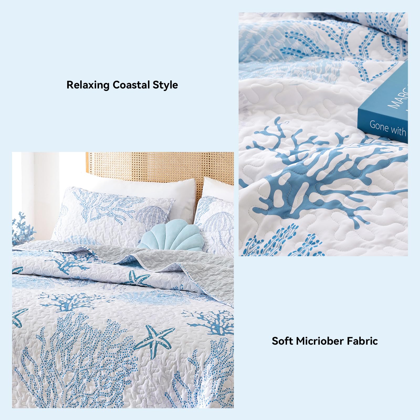 Weigelia bedding set elegantly layered in a seaside bedroom.