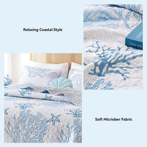 Weigelia bedding set elegantly layered in a seaside bedroom.