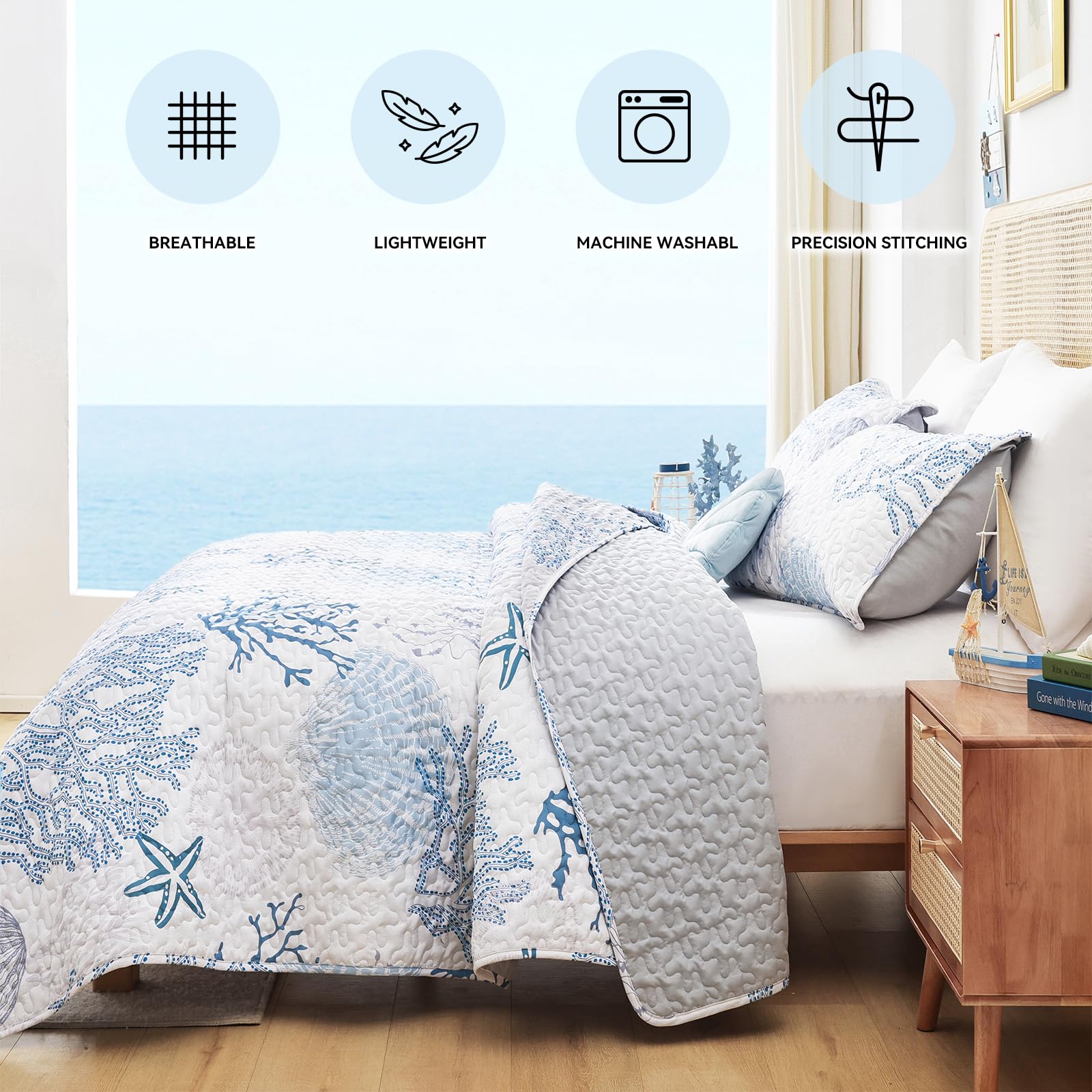 Weigelia coastal quilt shows reversible design for versatile styling.
