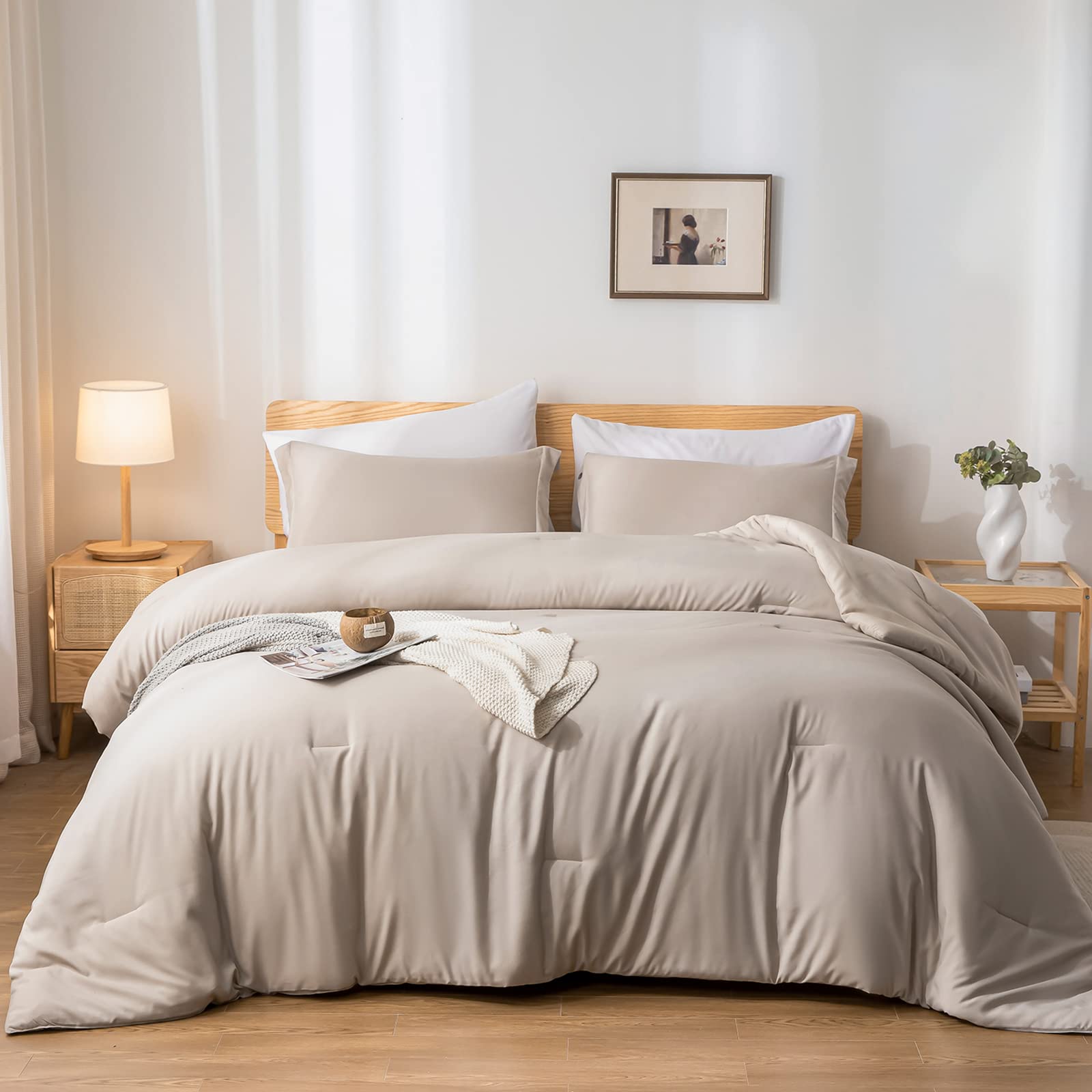 Weigelia king size comforter set in oatmeal color with soft, breathable feel.
