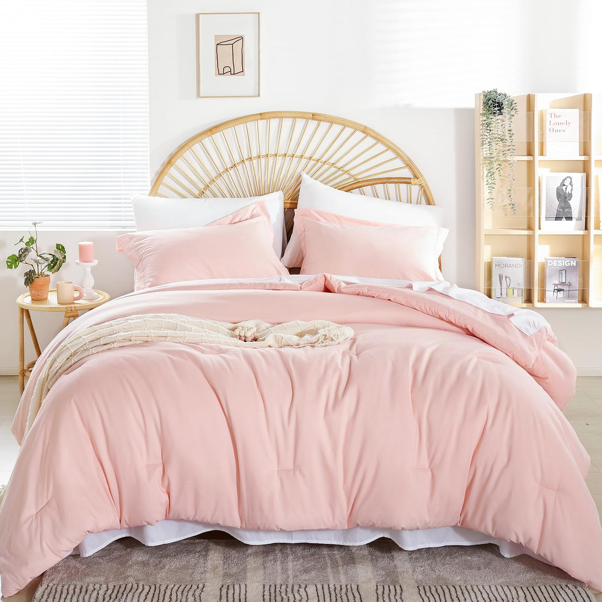 Weigelia queen comforter set in blush pink with soft microfiber finish.