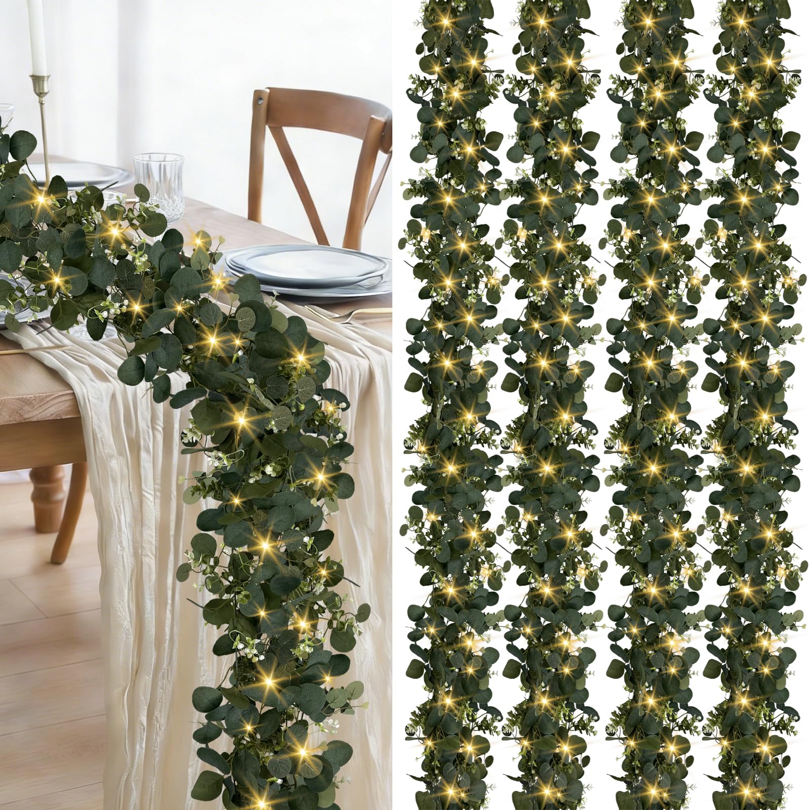 WEITANKG eucalyptus garland with lights in 4-pack on a 6ft display for indoor use