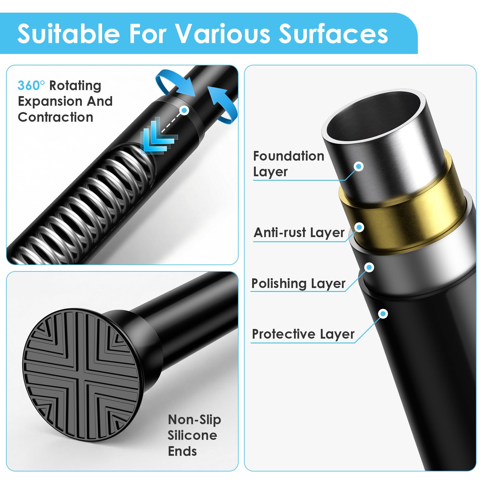 WEIXINHAI black tension curtain rod anti-slip ends stay stable
