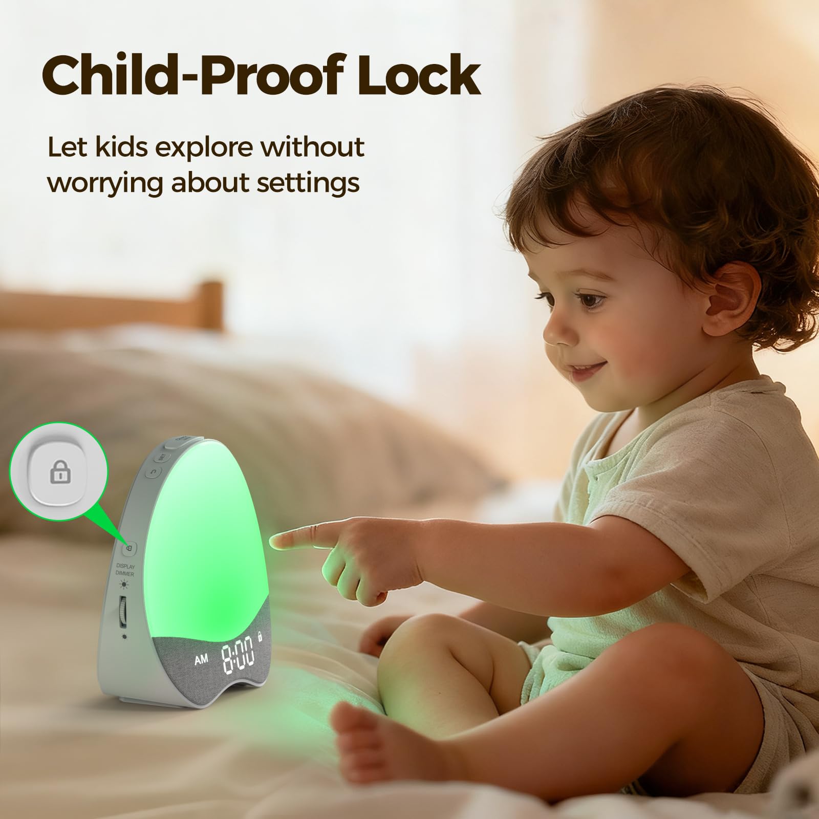 Welgo Ok to Wake dimmable display allows gentle night-time brightness.