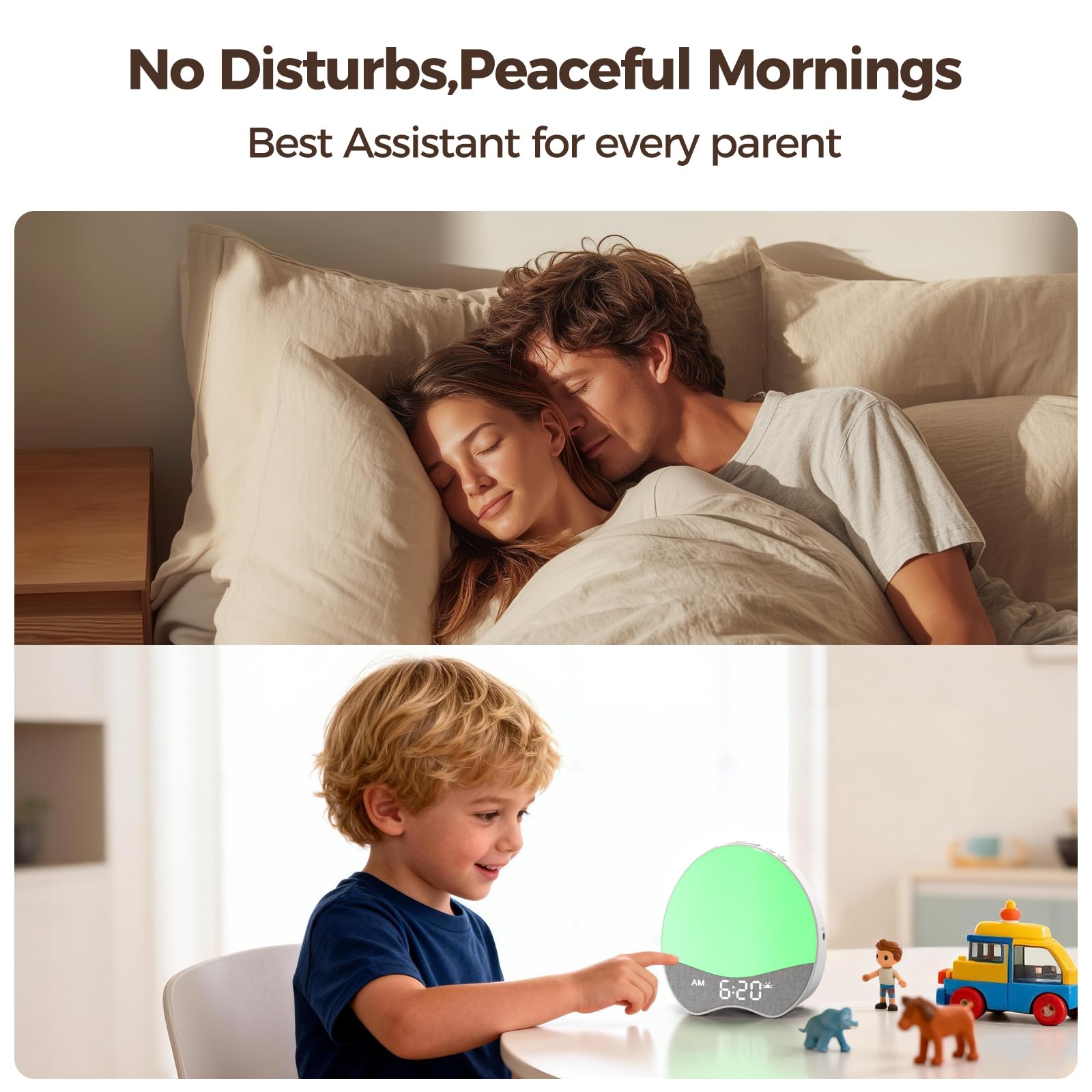 Welgo Ok to Wake night light creates a soothing bedtime ambience.