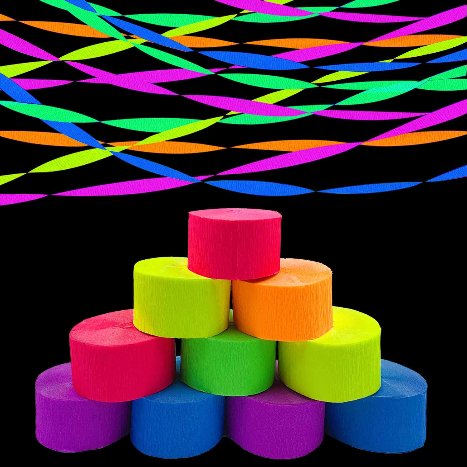 Welittcon glow crepe streamers green for neon ambiance at parties.