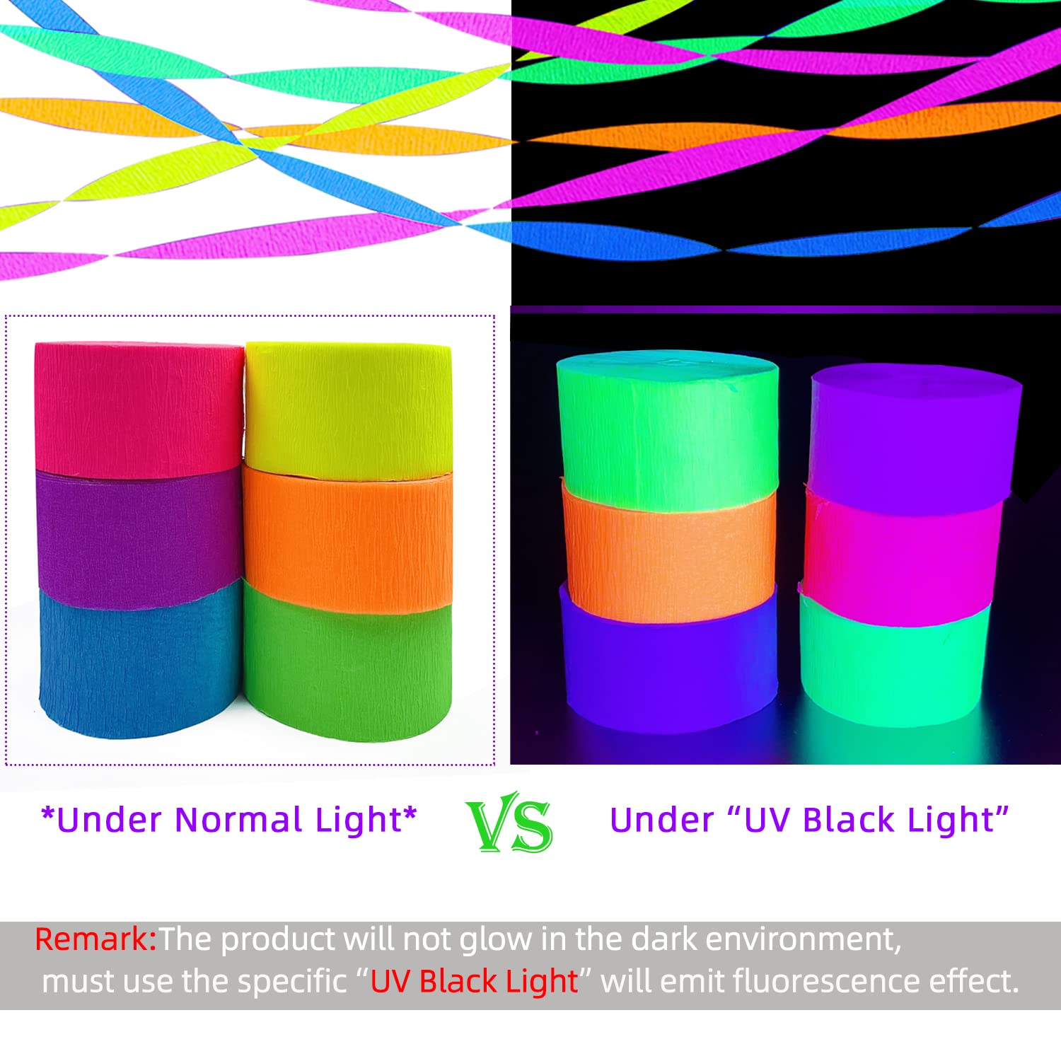 Welittcon glow crepe streamers yellow for bright accents under UV light.