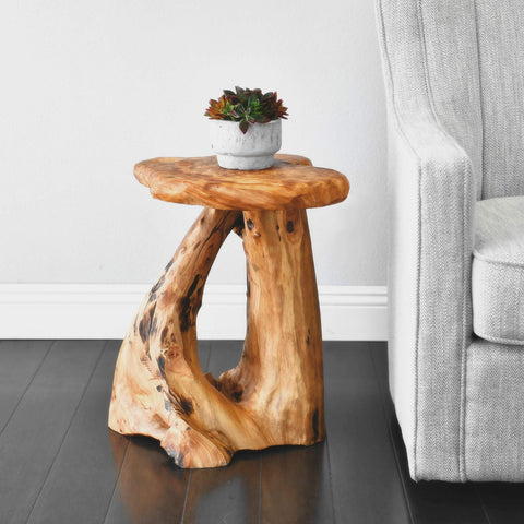 WELLAND Cedar root end table preserves natural contours with raw edge detail