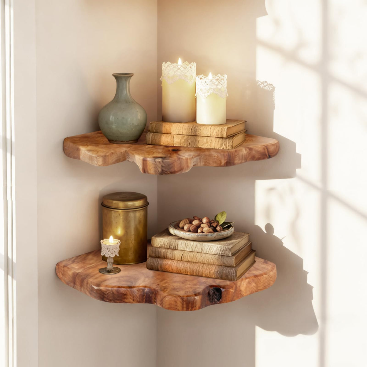 WELLAND corner floating cedar shelf with natural grain for compact storage