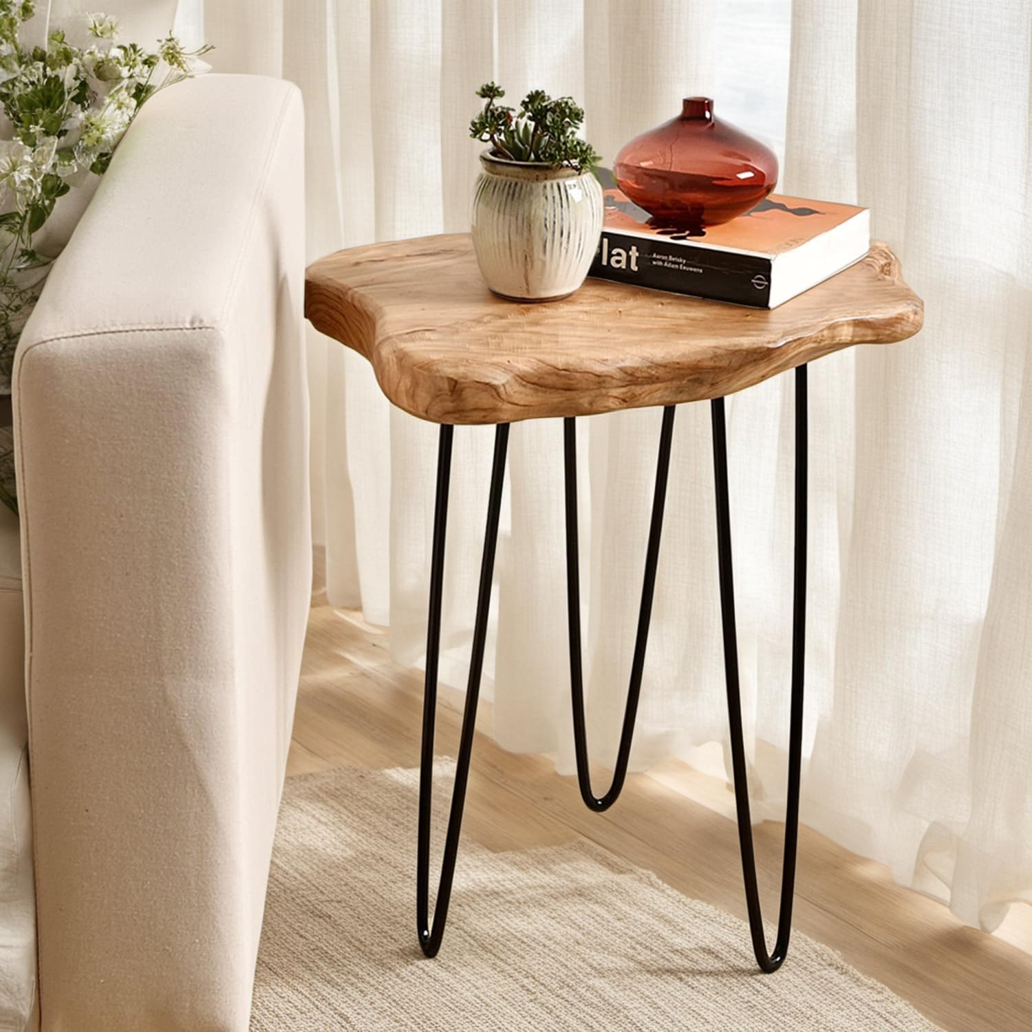 WELLAND Live Edge Cedar End Table front view highlighting natural grain and rustic charm.