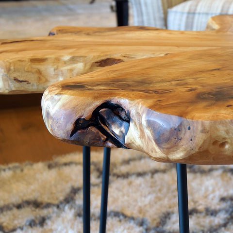 WELLAND Live Edge Cedar End Table legs and stability emphasize sturdy craftsmanship.
