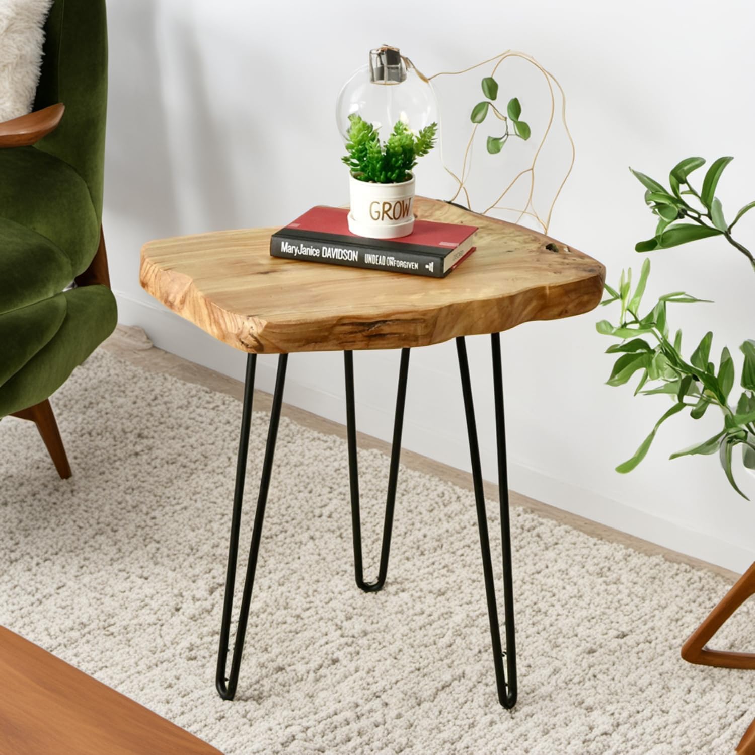 WELLAND Live Edge Cedar End Table side profile showing organic contours for versatile use.