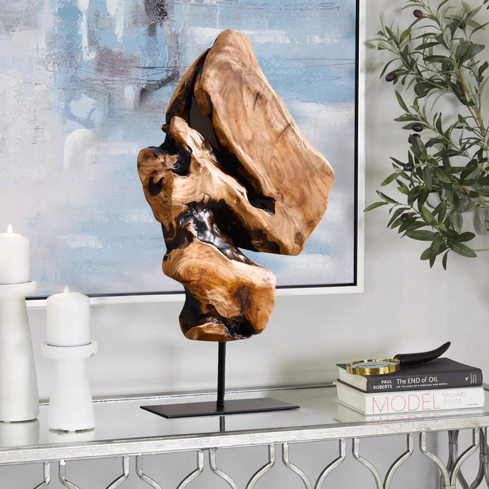 WELLAND natural-edge cedar table sculpture showcases unique grain, ideal for living rooms.