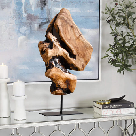 WELLAND natural-edge cedar table sculpture showcases unique grain, ideal for living rooms.